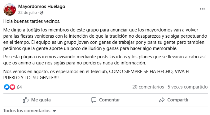 Mensaje en Facebook de los Mayordomos